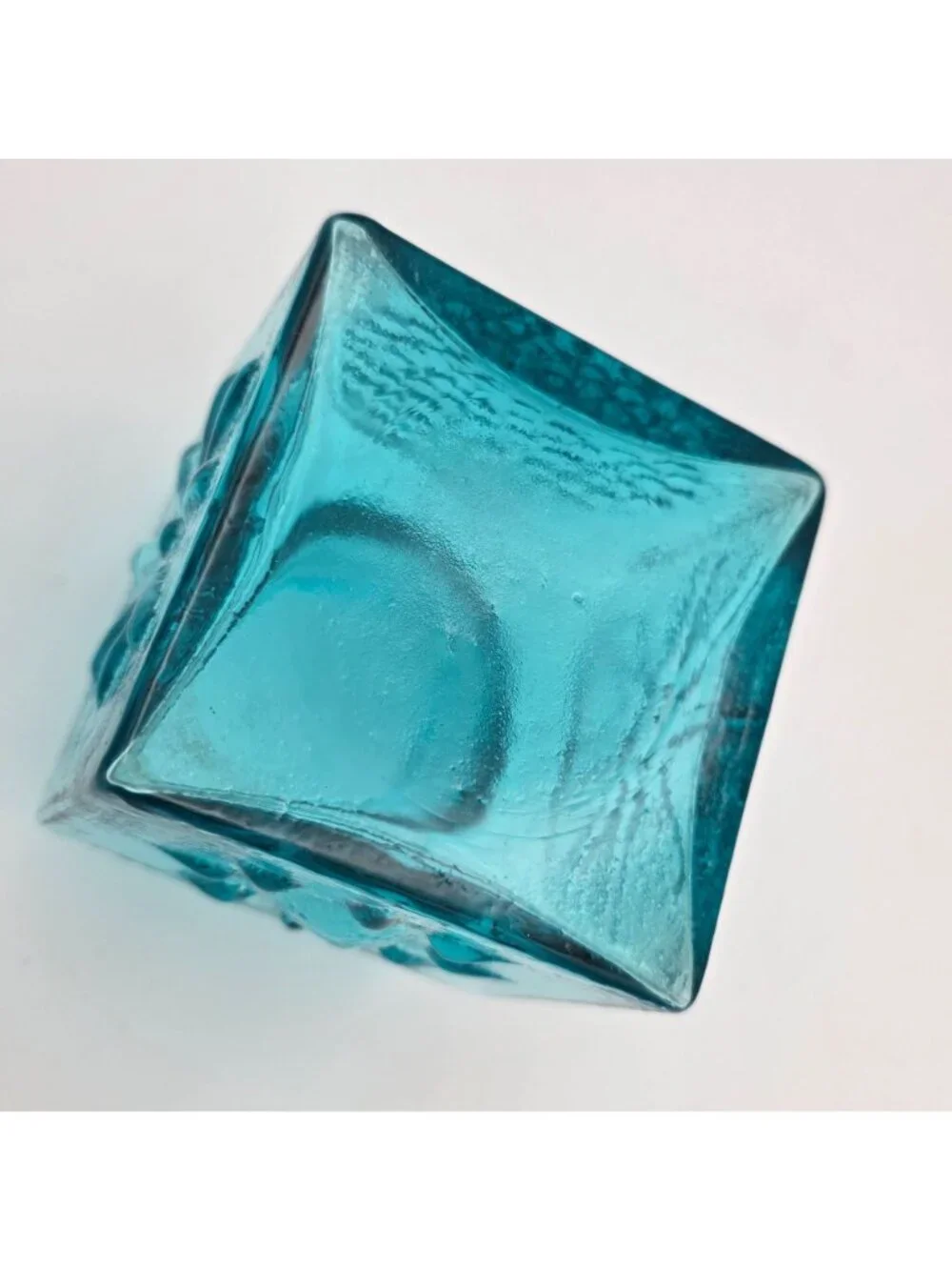 MCM Dartington Blue Glass Cube Vase Embossed Sunburst Design Textured Finish